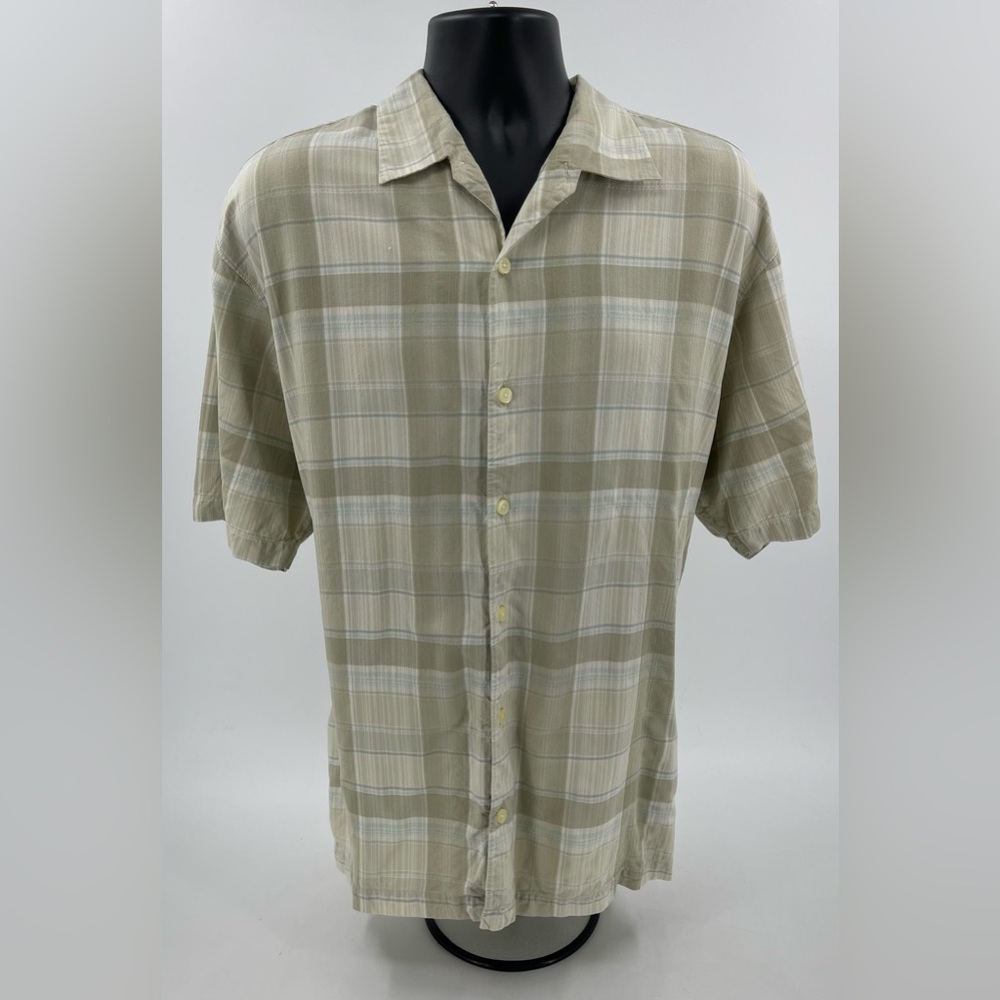 Tommy Bahama 100% Silk Button Up S/S Camp‎ Shirt Plaid Aqua Tan & White Men’s XL